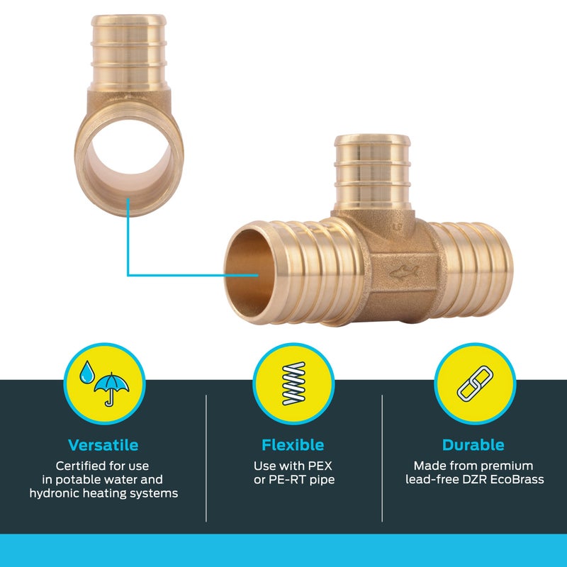 SharkBite 1 Inch x 1 Inch x 3/4 Inch Crimp Reducing Tee, Brass Plumbing Fitting, PEX Pipe, PE-RT, UC416LFA - Image 3